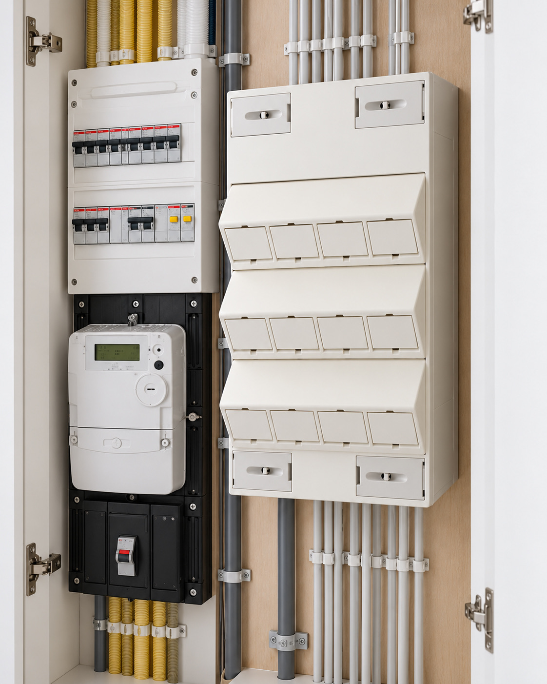 Open meterkast met groepenkast en elektriciteitsmeter, naast een witte aansluitkast met rijen afdekkapjes.